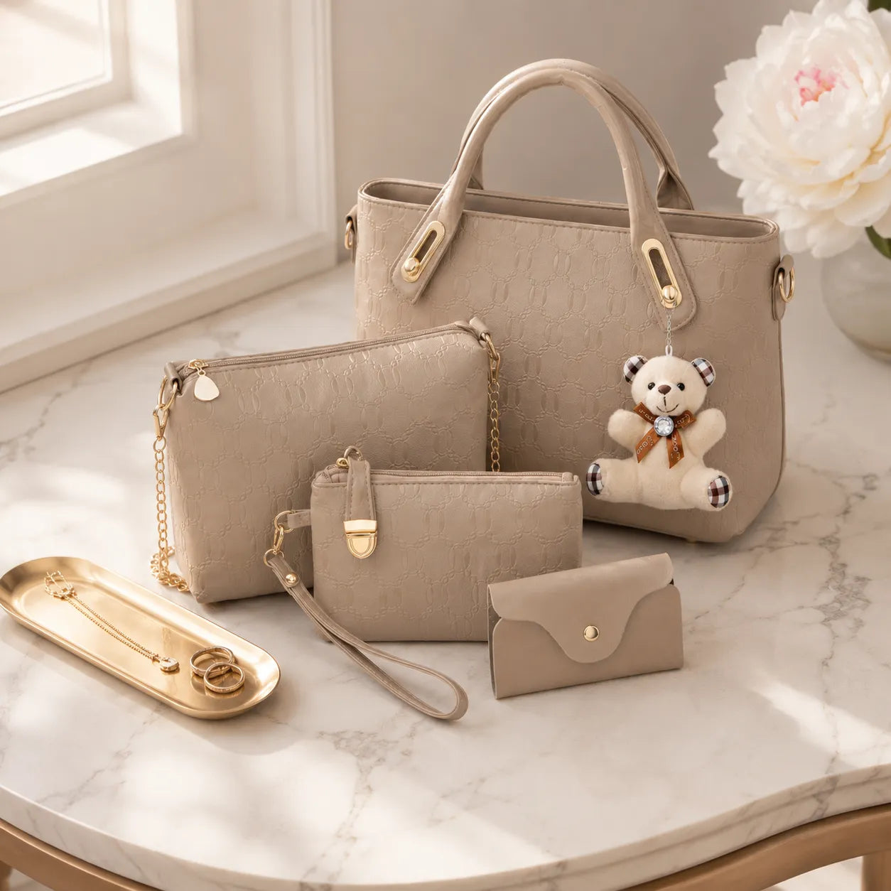 Belluna – 4-Piece Matching Handbag Set, Leather Tote Crossbody Pouch Card Holder