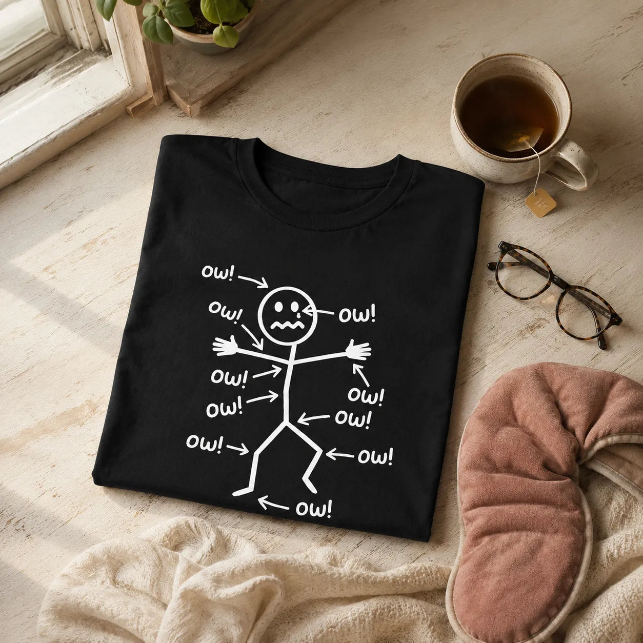 Achewear – Funny "Ow!" Stick Figure Graphic Tee, Relaxed Fit Cotton-like T-Shirt for Women & Men