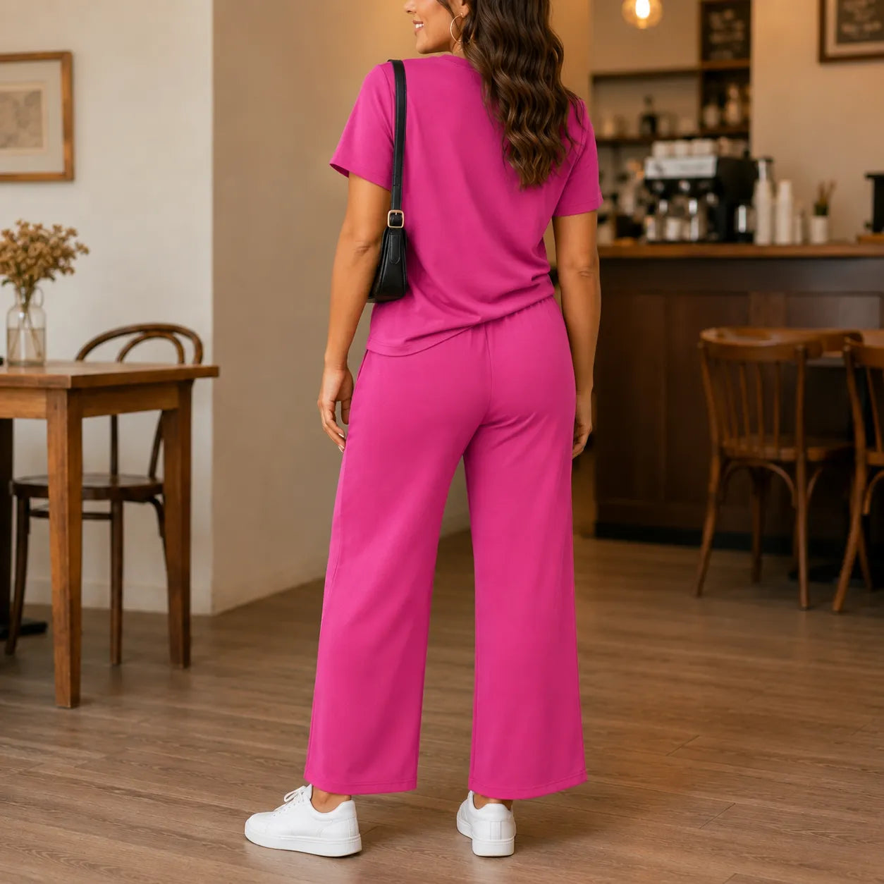 Lounella – Women's Pintucked Lounge Set with Wide-Leg Pants and Pockets