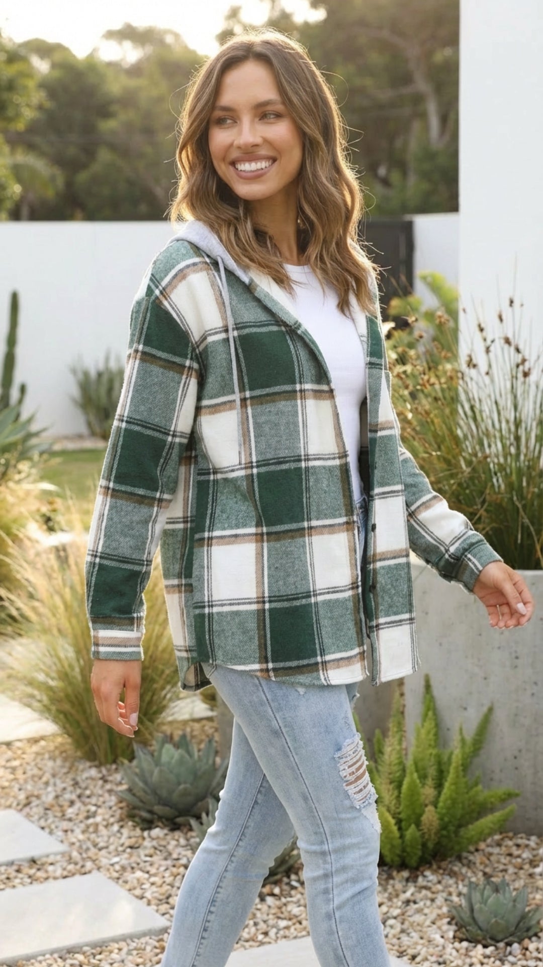 Women’s Checkered Print Hooded Jacket