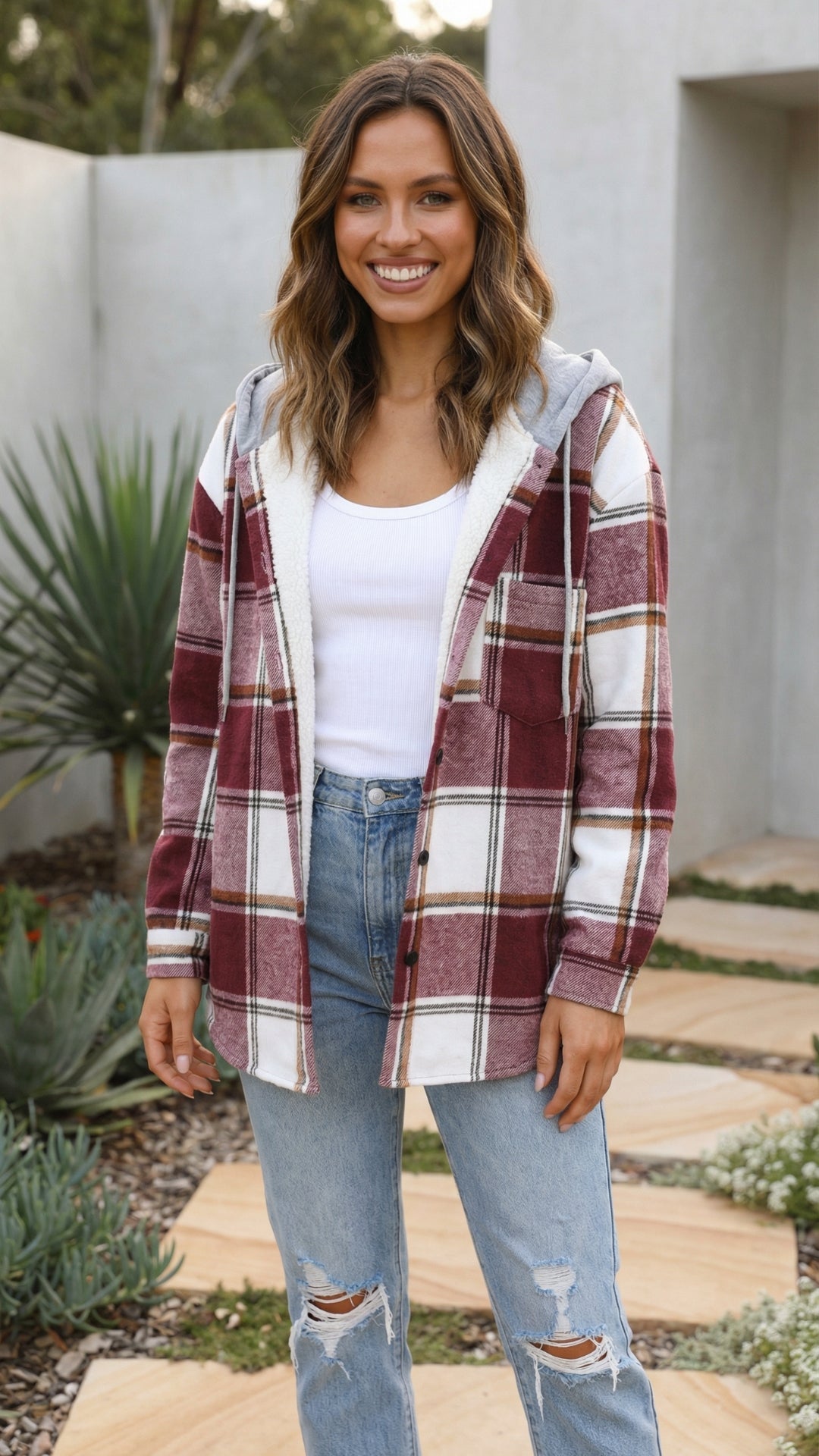 Women’s Checkered Print Hooded Jacket