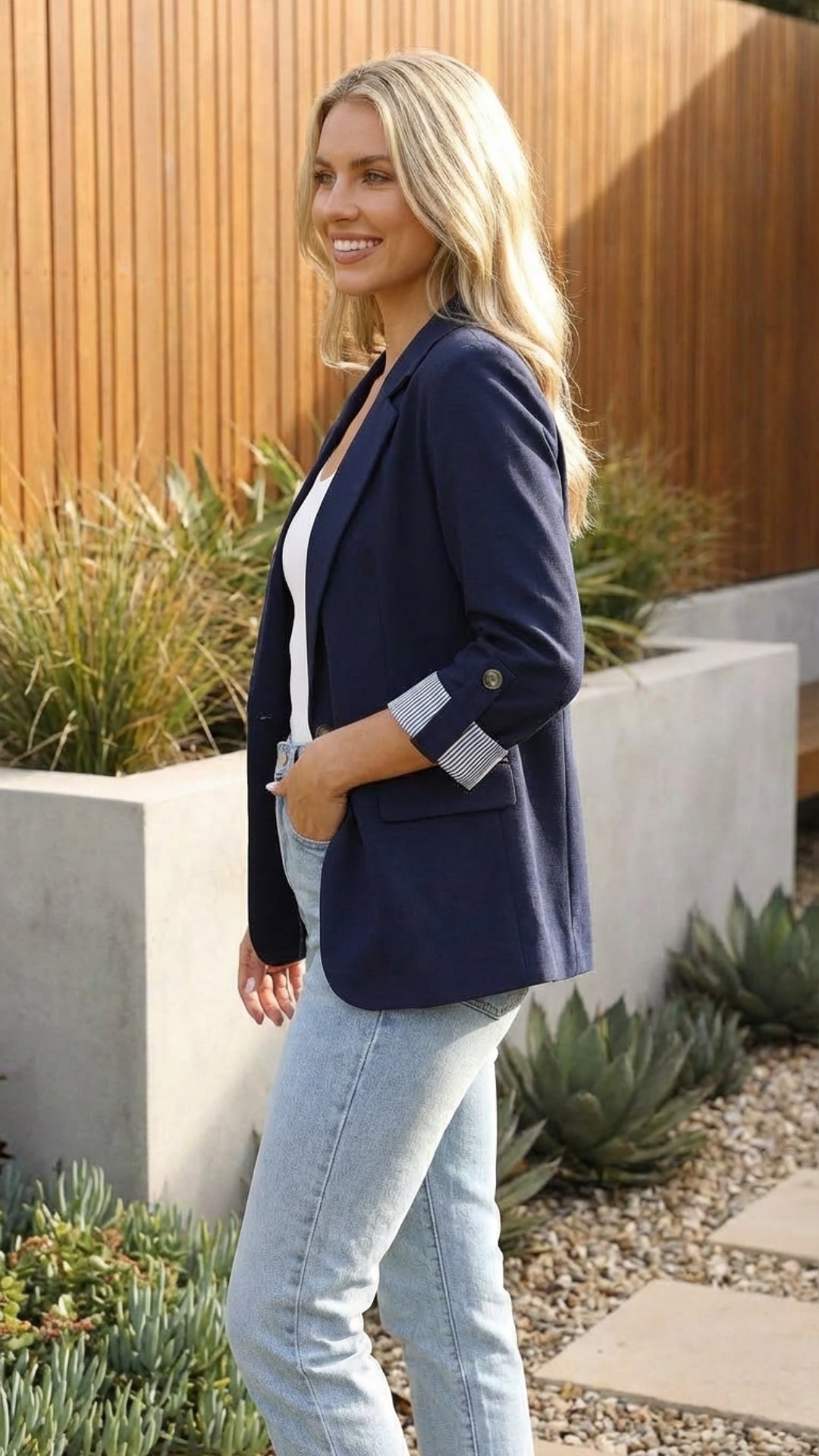 Women's Long Fitted Blazer with Roll-up Sleeves