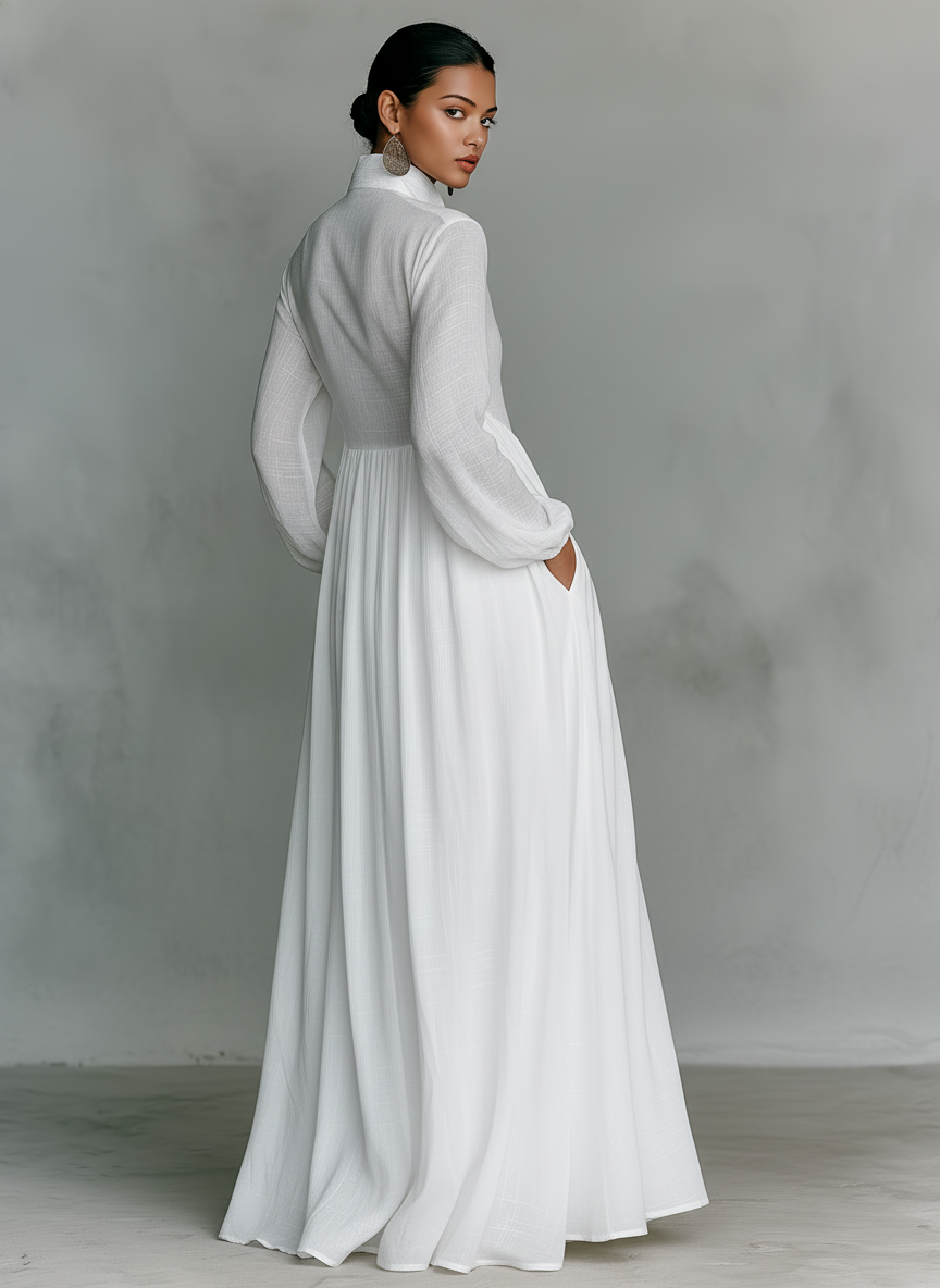 Maxi Minimalist Dress in Cotton and Linen with Patchwork Panels, High Collar and Long Sleeves