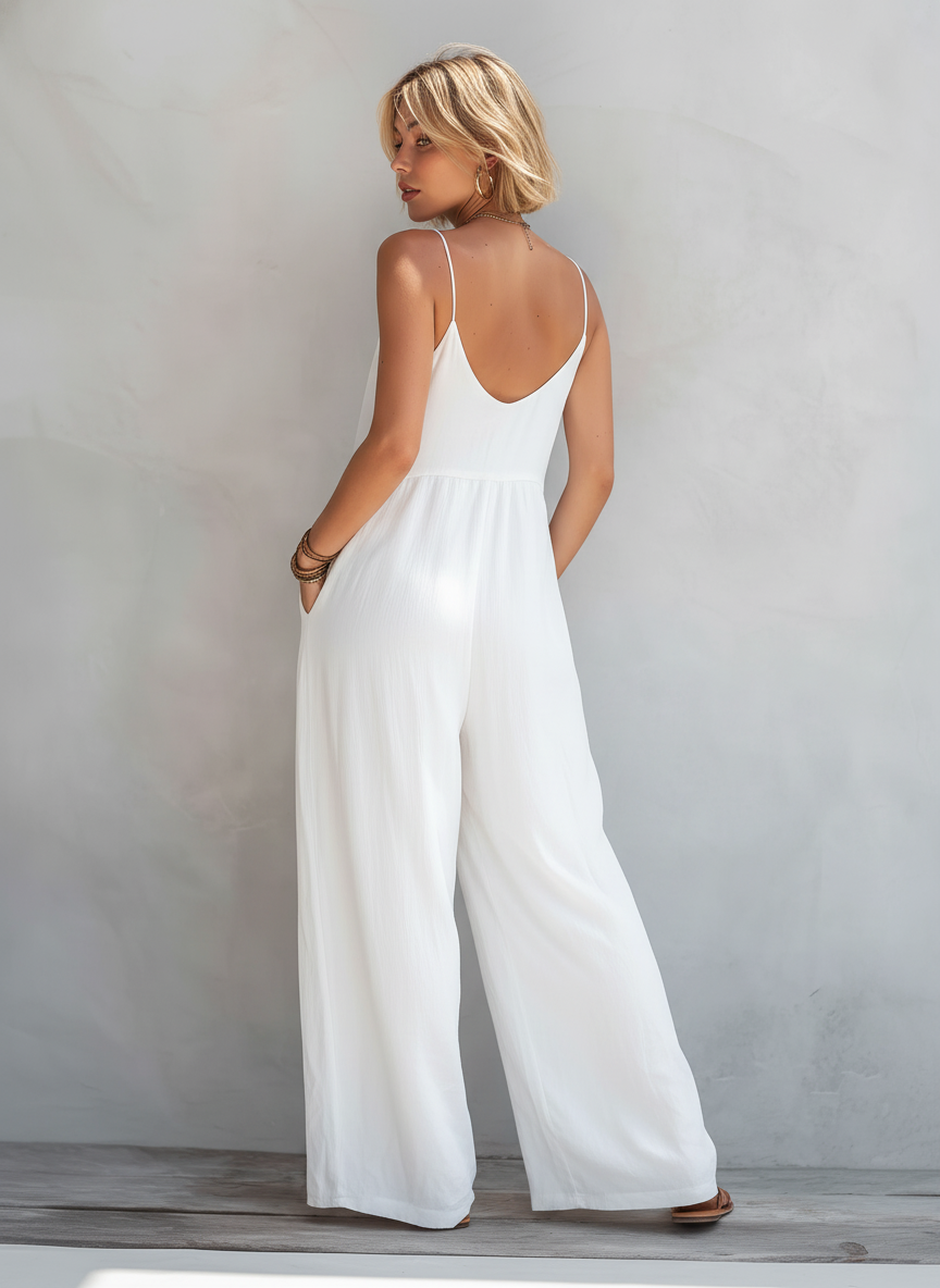 Women's Casual White Cotton-linen Blend Sleeveless Loose Jumpsuit MDZ0246C9AN