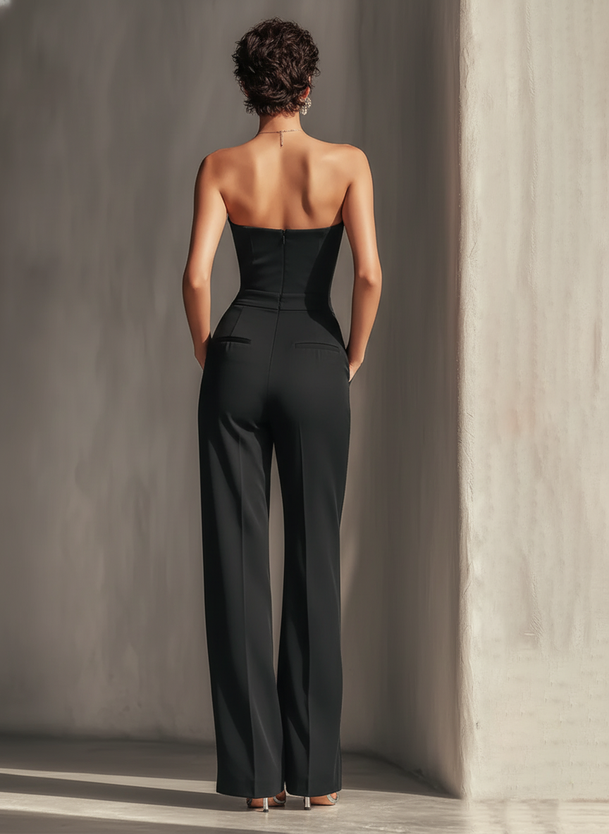 Women's Black Strapless Jumpsuit With Contrast White Vertical Stripe & Side Pockets MDZ0336C7T
