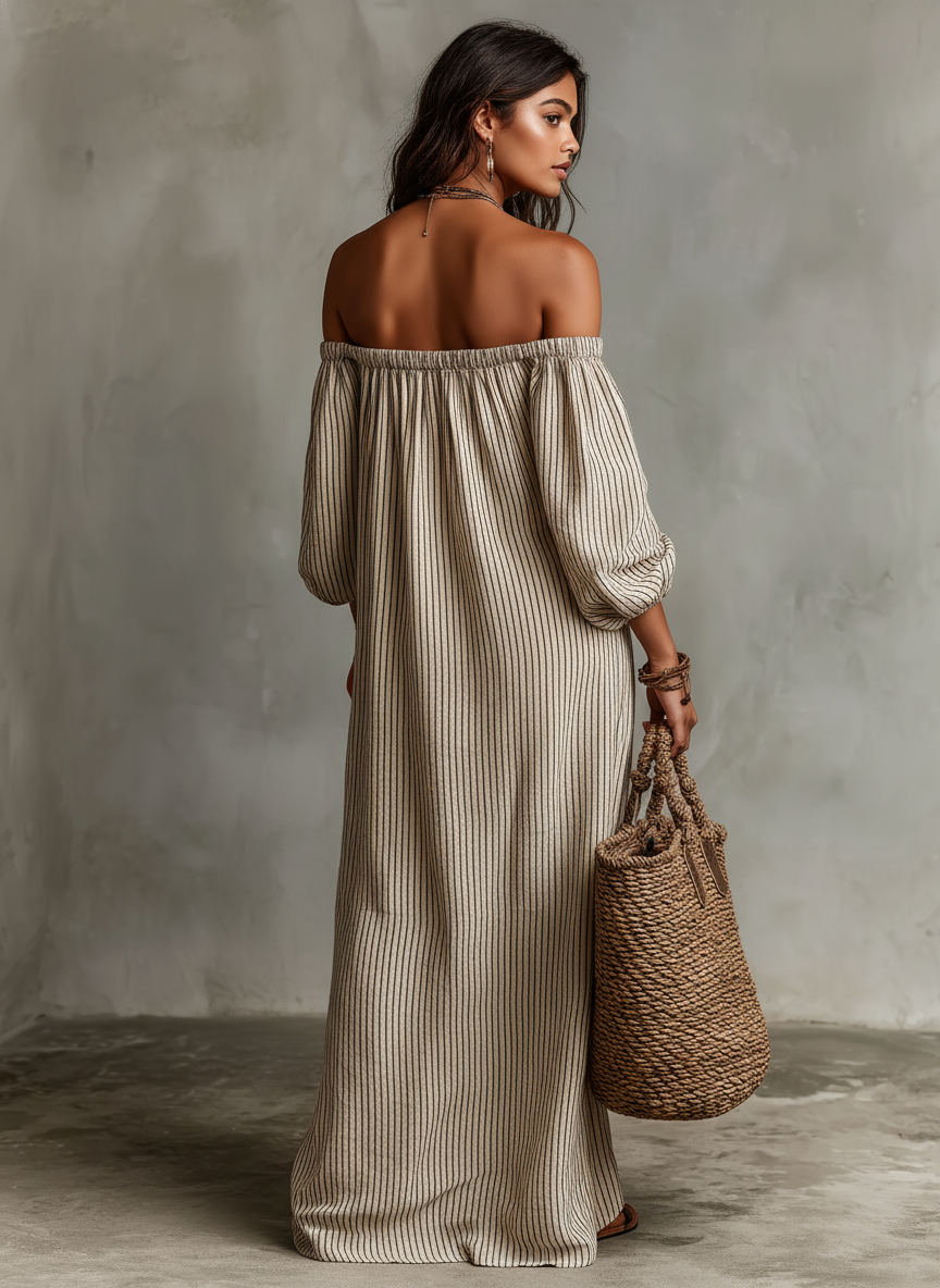 Maxi Dress in Cotton-Linen Off-shoulder Long Sleeve for Women