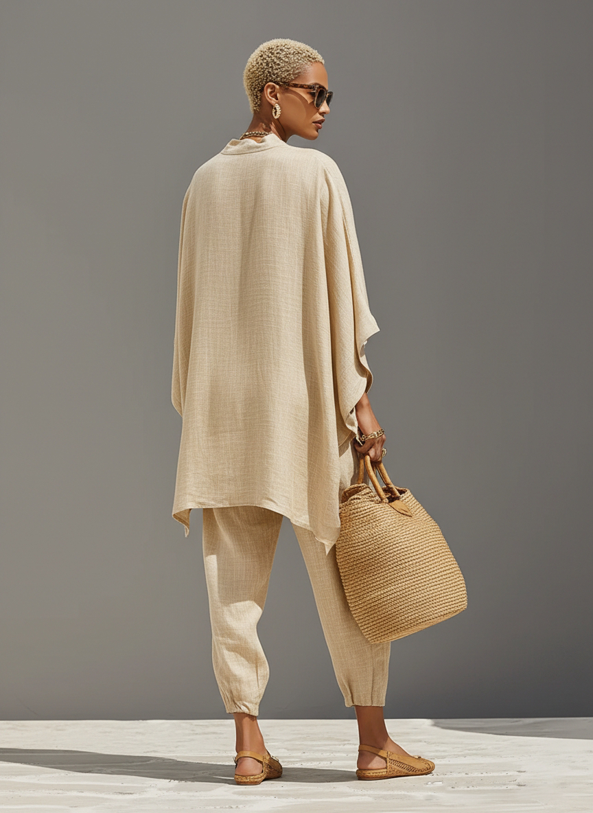 Women's Neutral Linen Set With Asymmetric Hem & Minimalist Design, Sophisticated Daily-Casual Style Set MDZ0501B3I