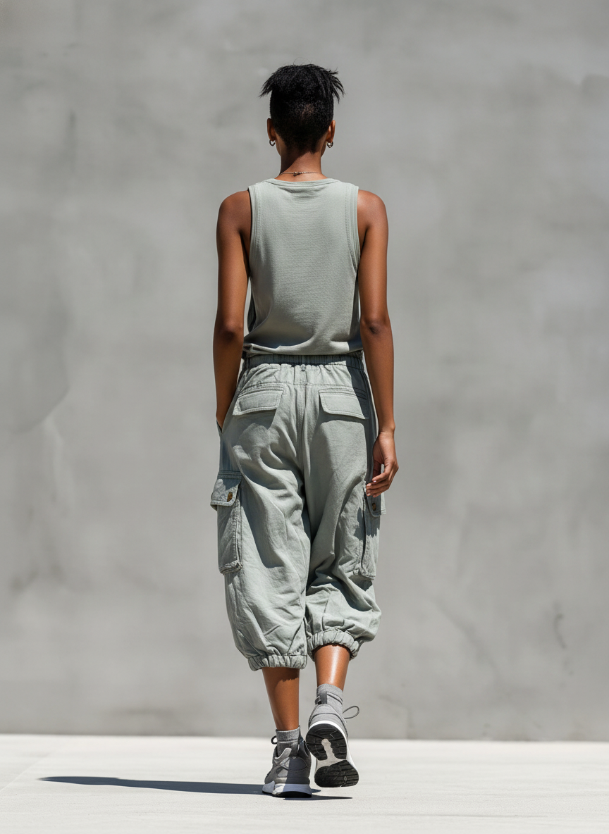Two-Piece Women's Gray Sleeveless Tank Top and Cargo Shorts Set