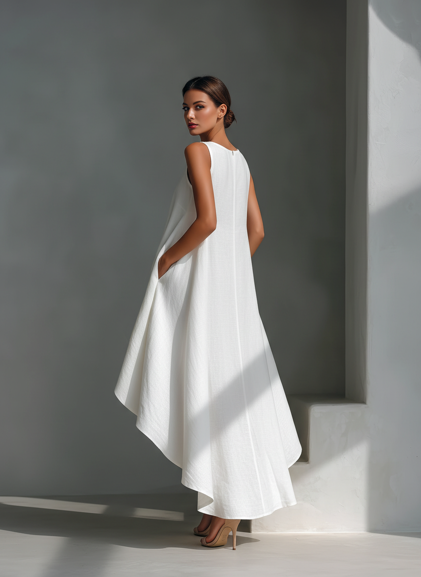White Linen Sleeveless Midi Dress for Women with Round Neck and Asymmetrical Hem