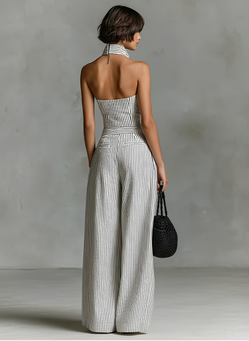 Women's Minimalist Striped Linen Sleeveless Single-Breasted Jumpsuit MDZ1950C7Y