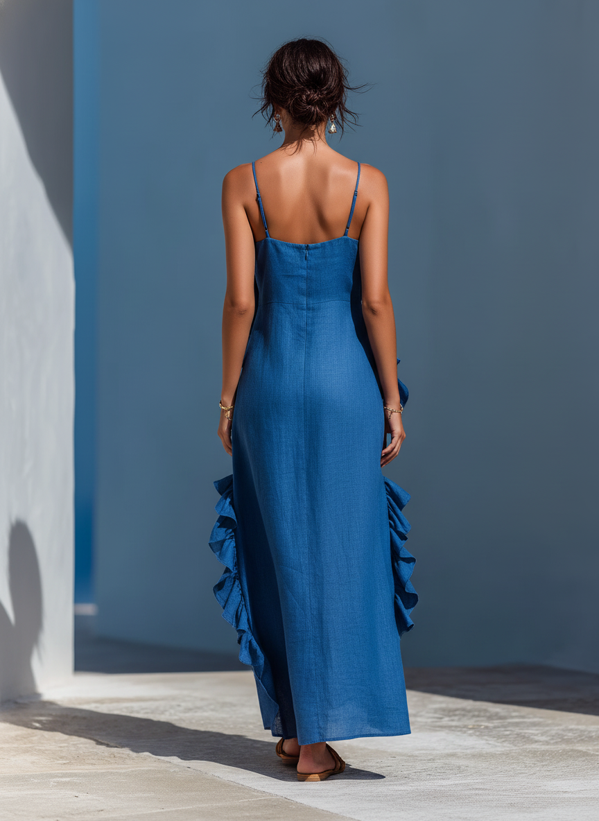 Women's Blue Linen Maxi Dress with Thin Straps and Ruffles