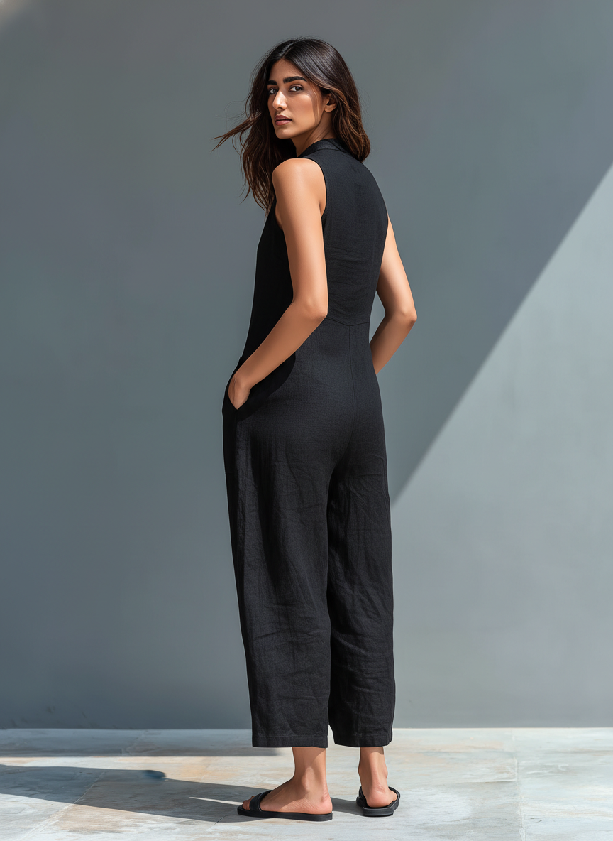Sleeveless Linen Blend Overall with High Collar and Buttons for Women