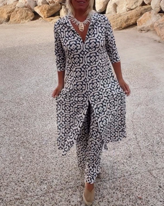 Sara | Bohemian Geometric Print Tunic Set and Wide Leg Pants
