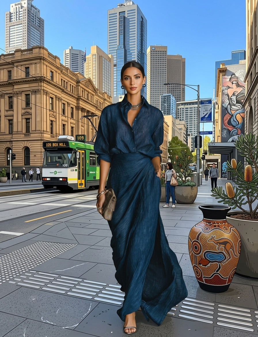 Celenoire - Textured Collared Maxi Dress