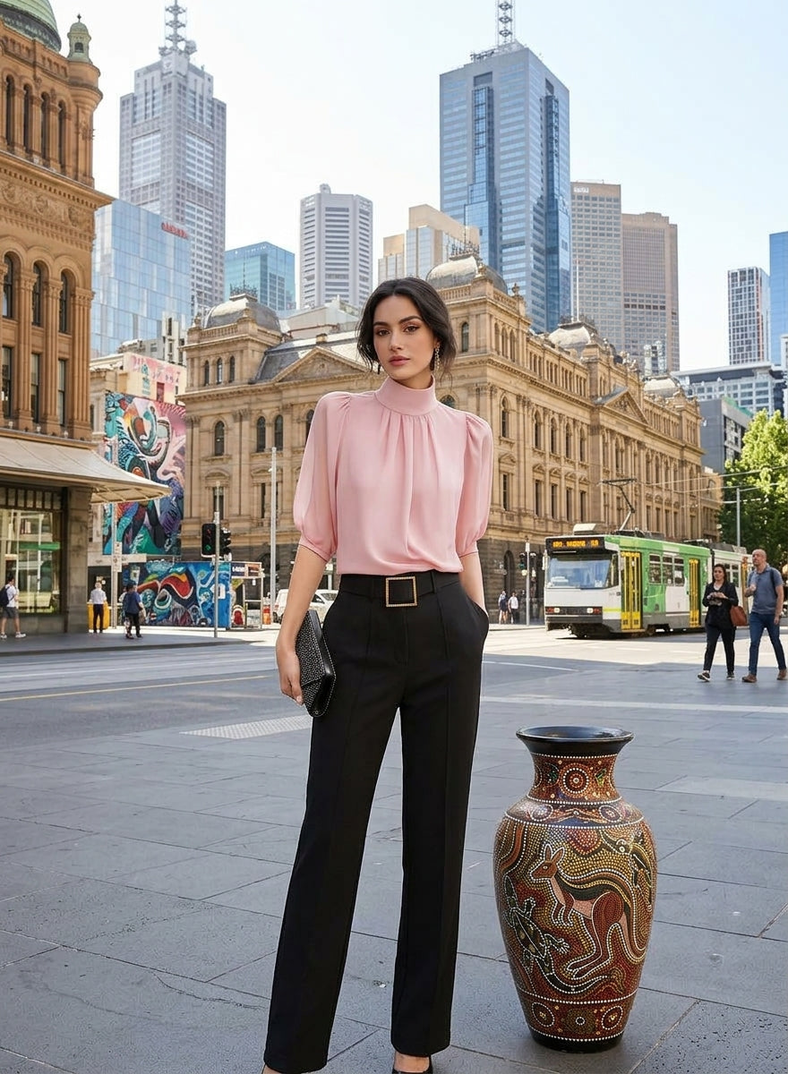 Valessique - Pleated High Neck Blouse