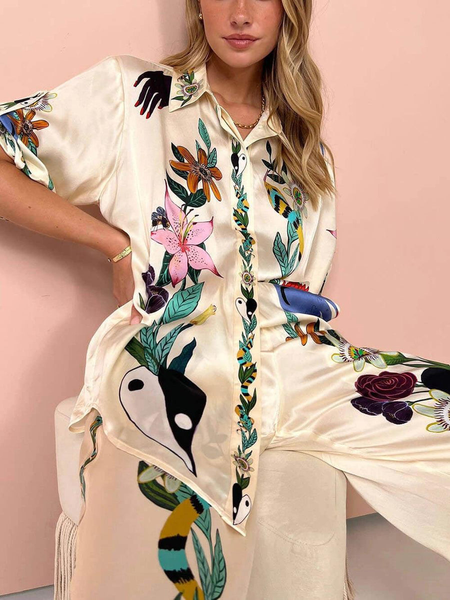 Nika | Resort Vibes Satin unique print shirt & trousers set Fit