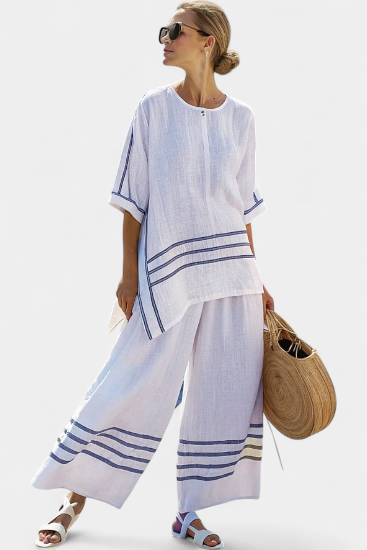 Chic Striped Set - Wide Leg Pants and Asymmetrical Blouse for Women
