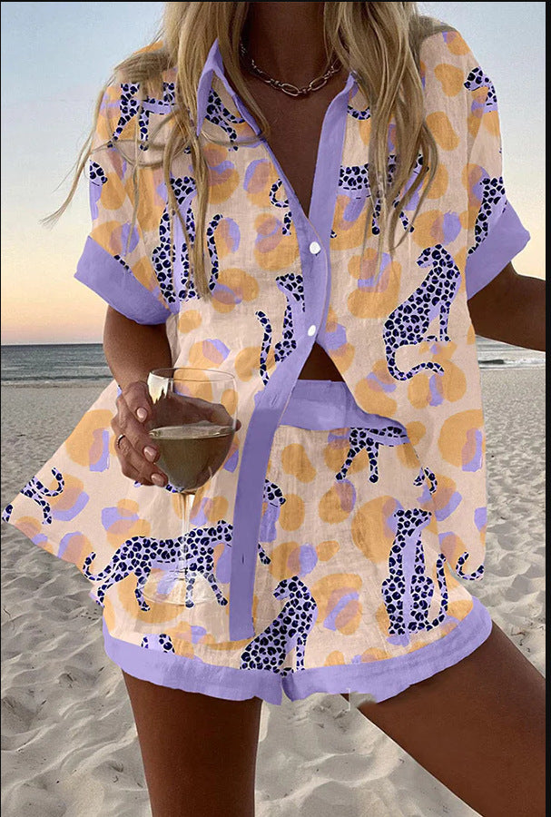 Reolia - Short Linen Set with Leopard Print