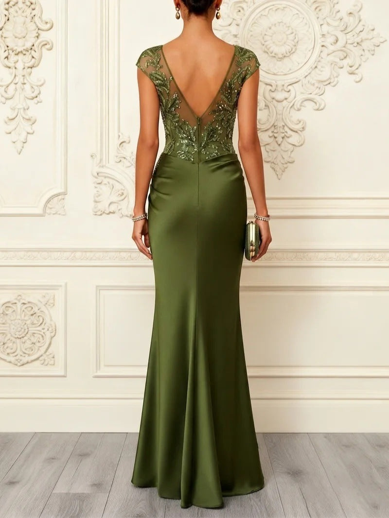 Nasha Floral Sequin Satin Boat Neck Short Sleeve Ruched Mermaid Gown Maxi Dress | Consonak