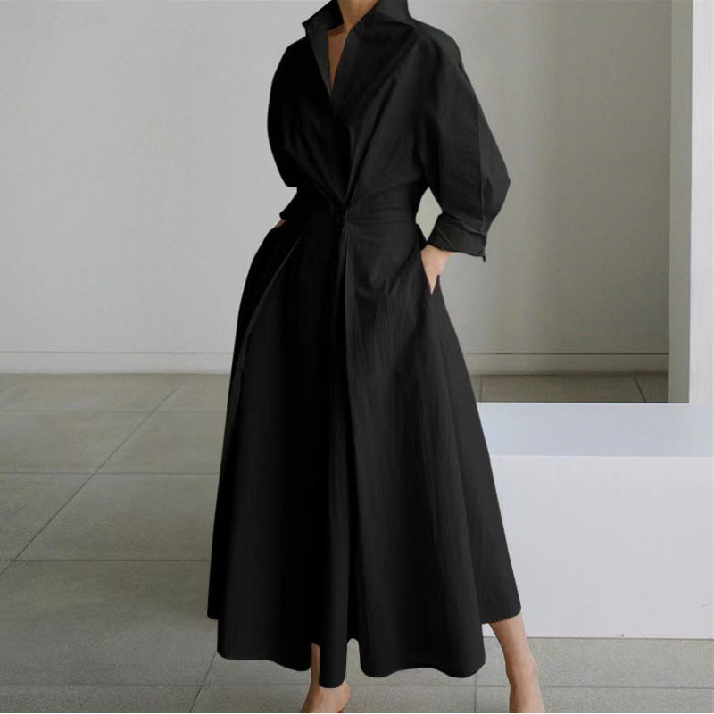 Elegant Long Wrap Dress with Collar - Chic and Timeless
