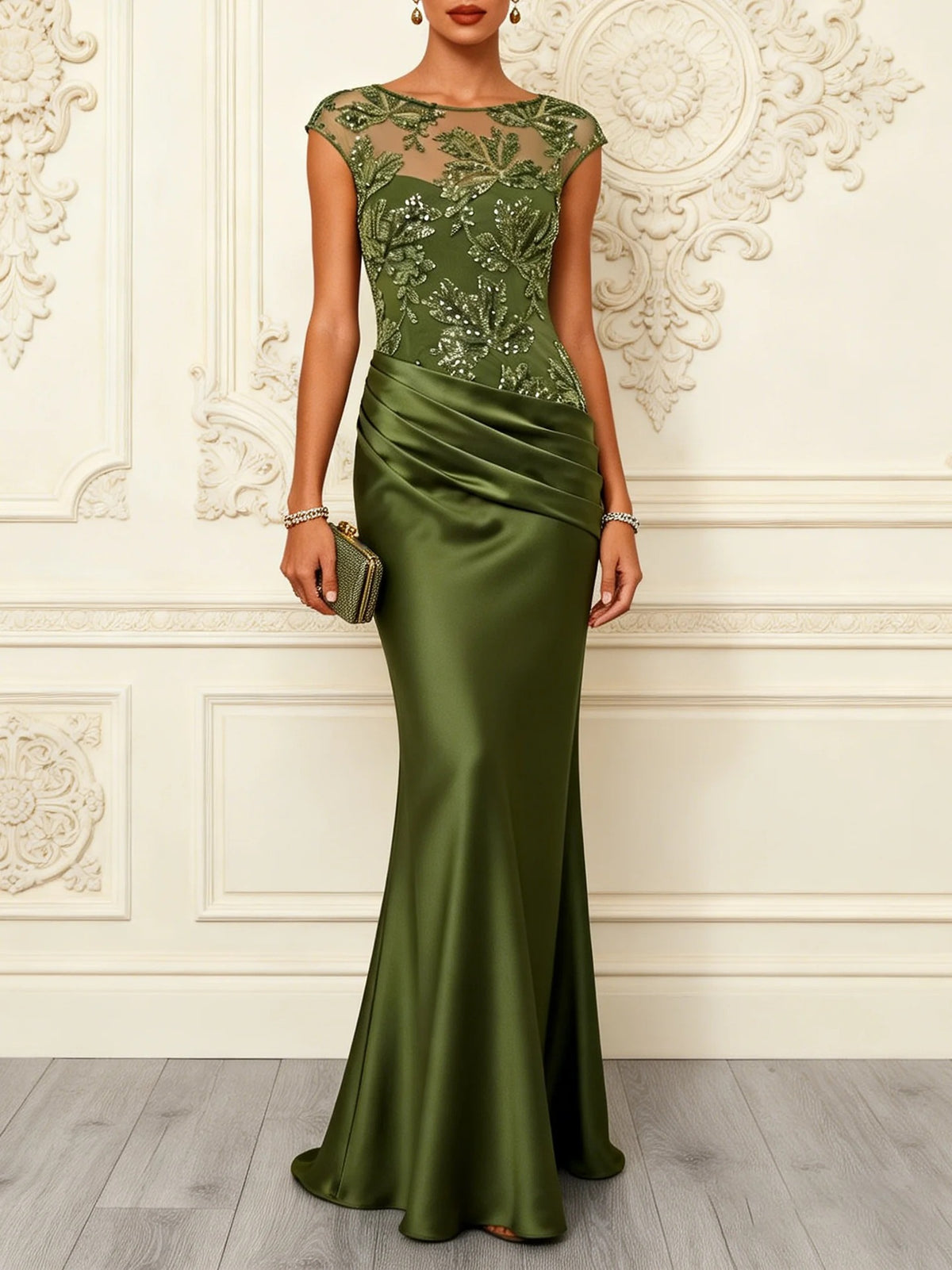 Nasha Floral Sequin Satin Boat Neck Short Sleeve Ruched Mermaid Gown Maxi Dress | Consonak
