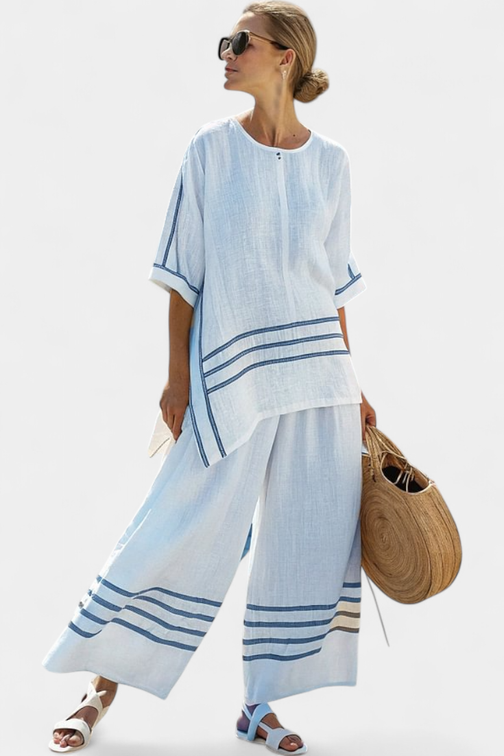 Chic Striped Set - Wide Leg Pants and Asymmetrical Blouse for Women