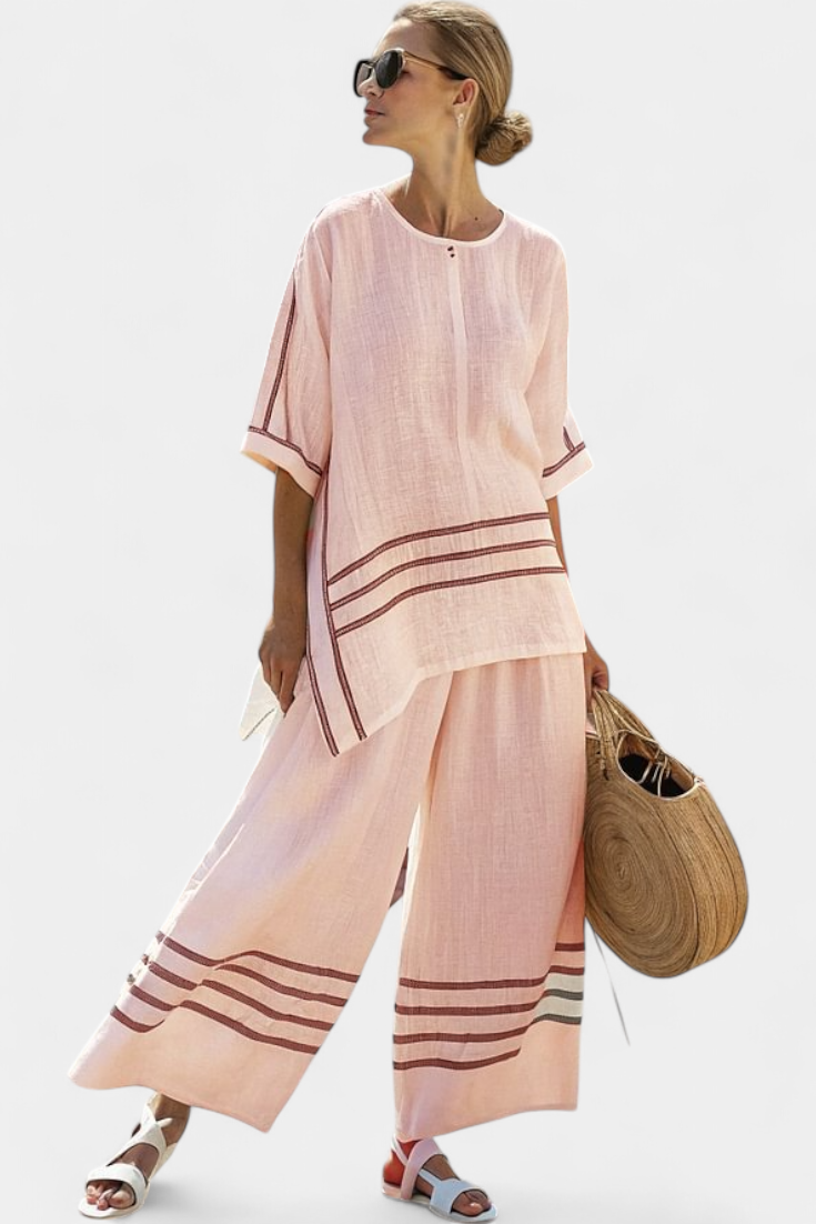 Chic Striped Set - Wide Leg Pants and Asymmetrical Blouse for Women