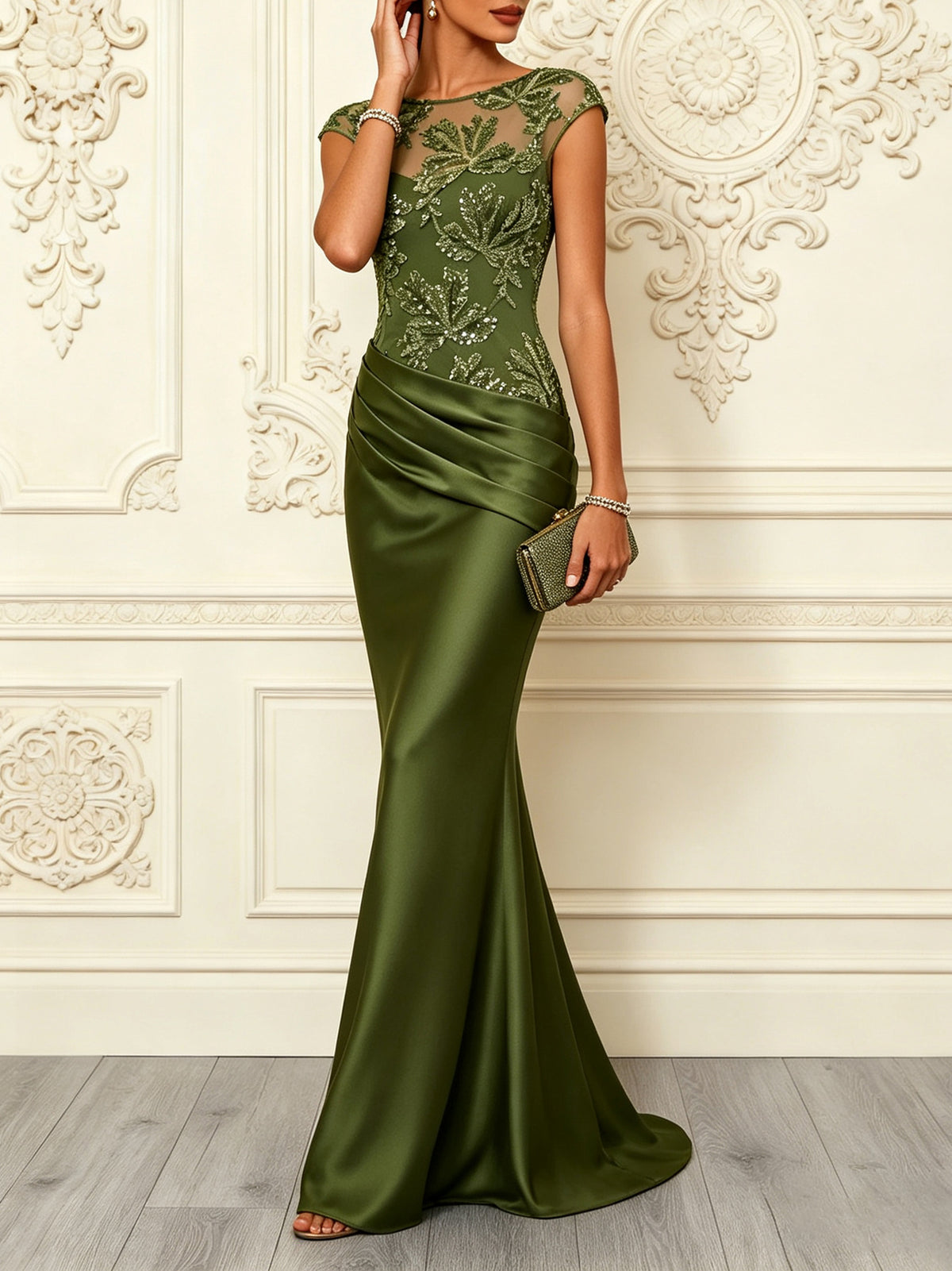 Nasha Floral Sequin Satin Boat Neck Short Sleeve Ruched Mermaid Gown Maxi Dress | Consonak