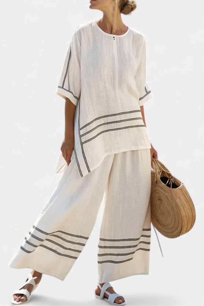 Chic Striped Set - Wide Leg Pants and Asymmetrical Blouse for Women