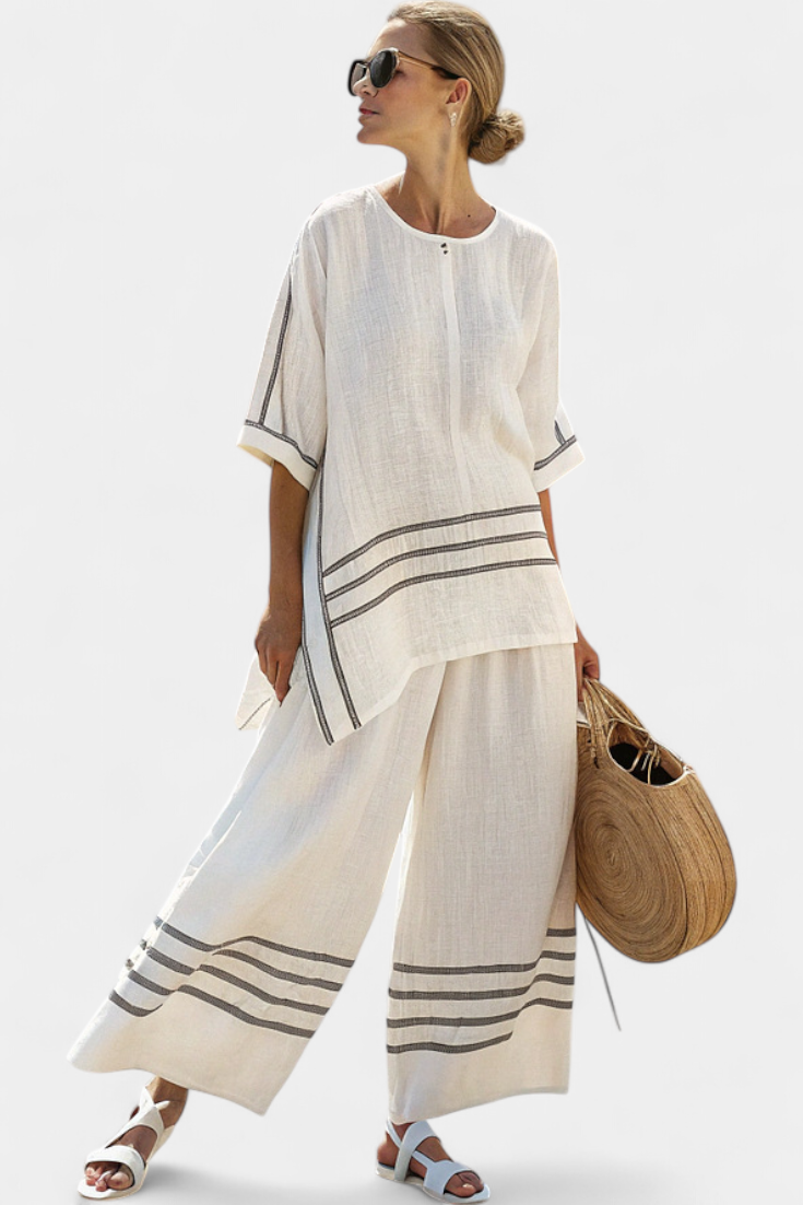 Chic Striped Set - Wide Leg Pants and Asymmetrical Blouse for Women