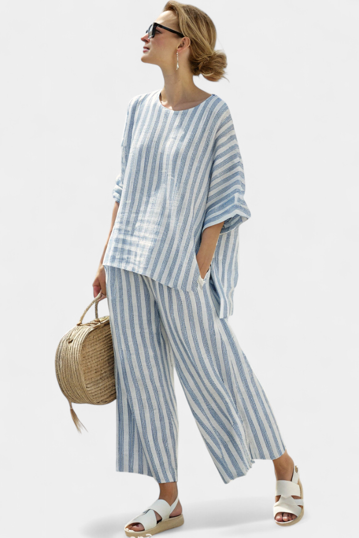 Federica™ | Sophisticated Blue Striped Linen Top & Relaxed Trousers