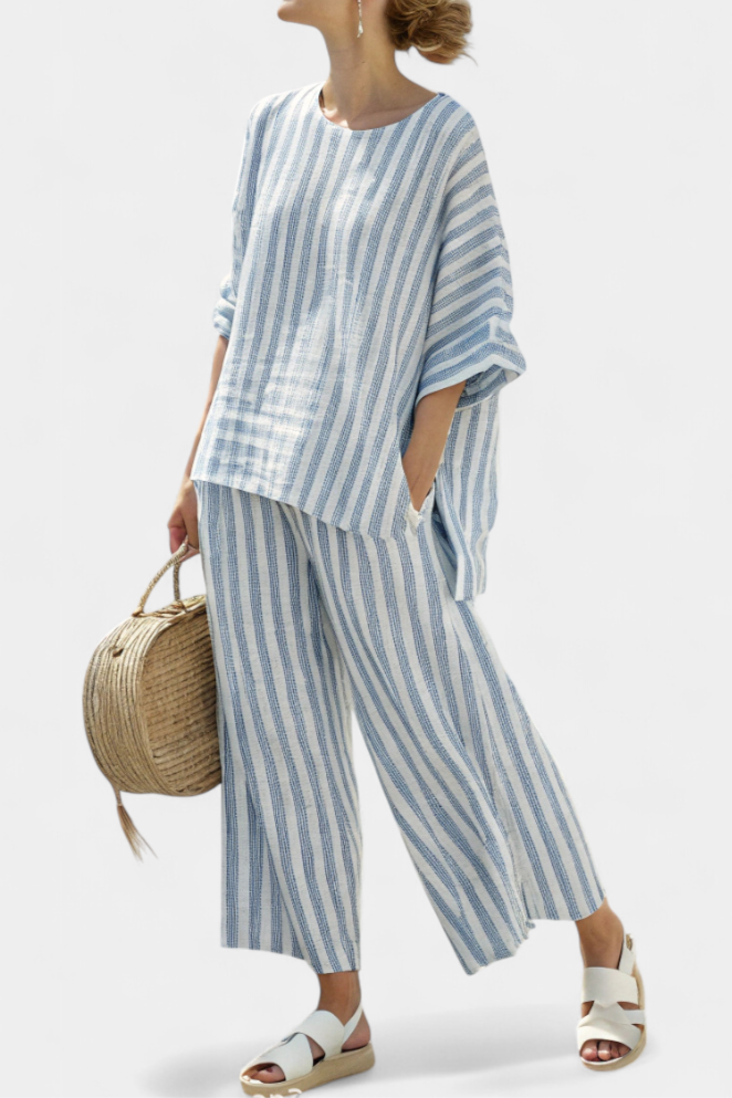 Federica™ | Sophisticated Blue Striped Linen Top & Relaxed Trousers