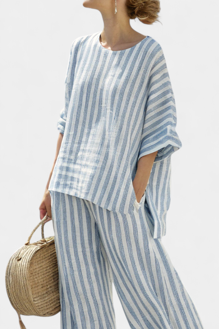 Federica™ | Sophisticated Blue Striped Linen Top & Relaxed Trousers