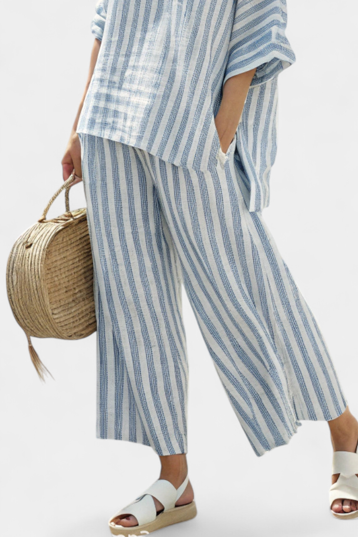 Federica™ | Sophisticated Blue Striped Linen Top & Relaxed Trousers