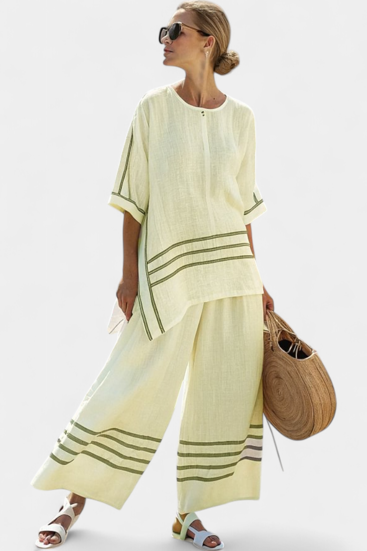Chic Striped Set - Wide Leg Pants and Asymmetrical Blouse for Women