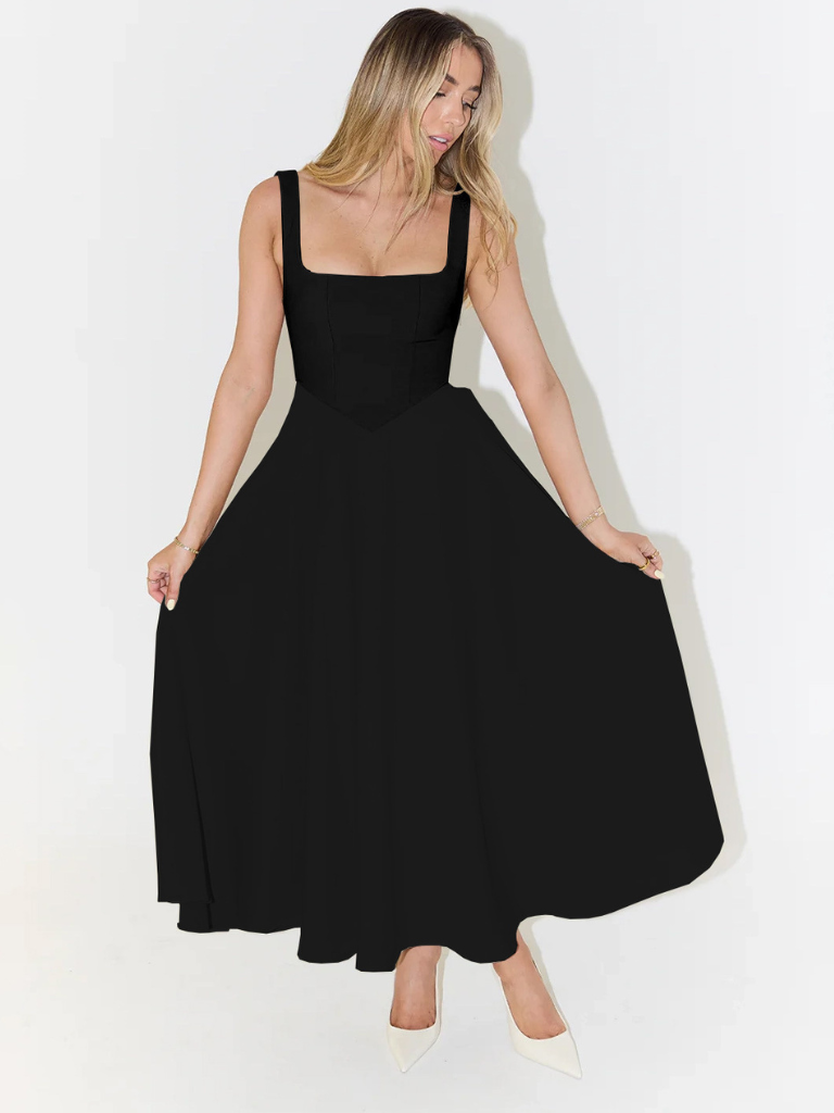 Elegant Midi Dress with Square Neckline - Timeless Flattering Cut
