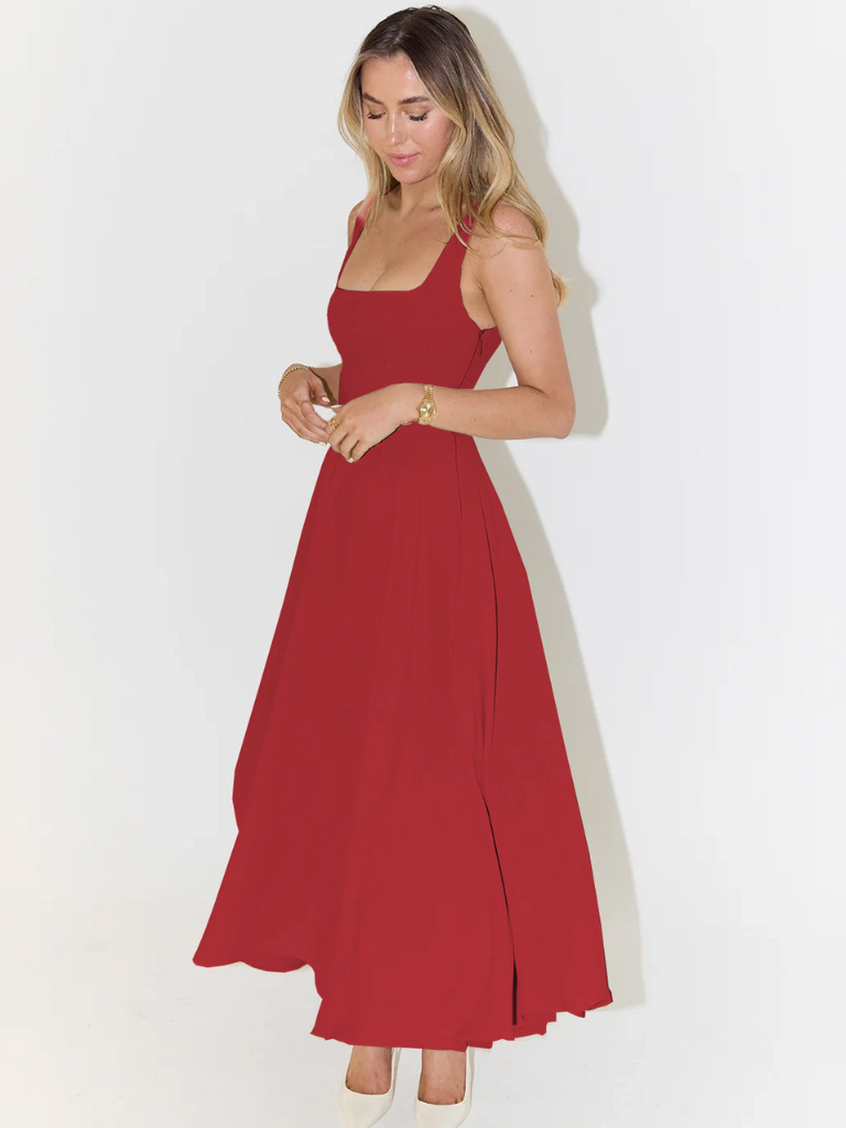 Elegant Midi Dress with Square Neckline - Timeless Flattering Cut