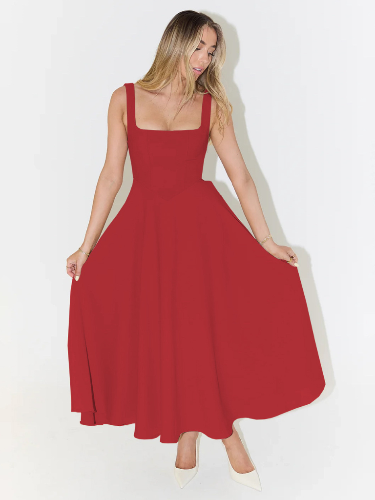 Elegant Midi Dress with Square Neckline - Timeless Flattering Cut