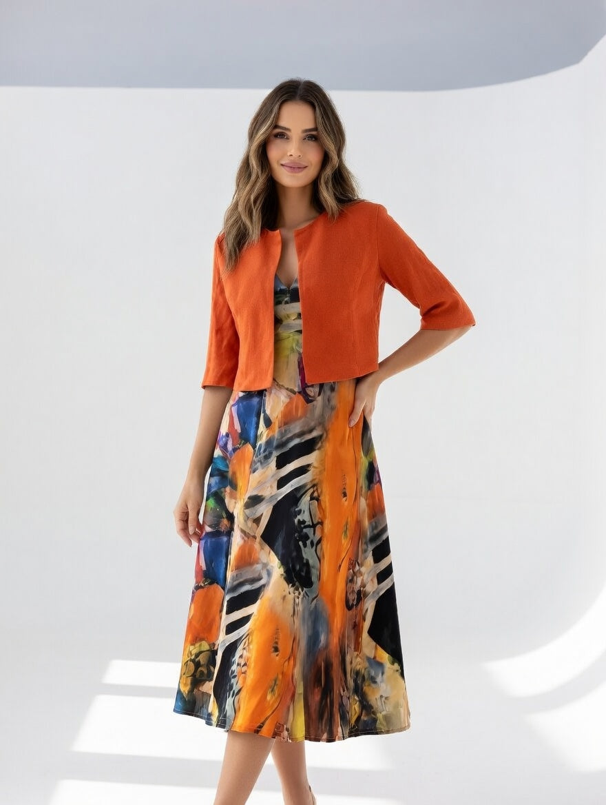 Fluid Midi Dress with Bolero - Elegant Artistic Print