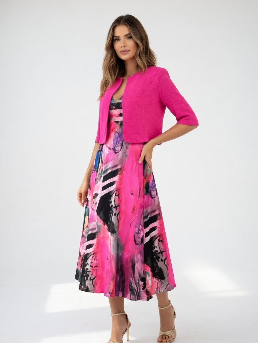 Fluid Midi Dress with Bolero - Elegant Artistic Print