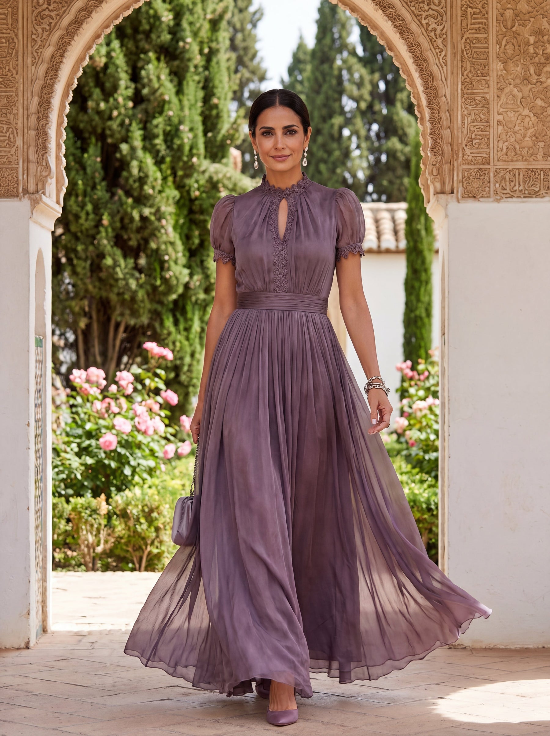 Flavia | Elegant long purple dress with a drop neckline and lace