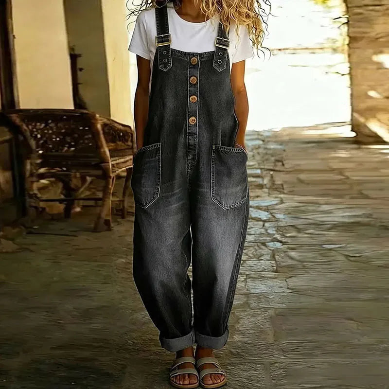Everly - Relaxed Button Front Denim Overalls