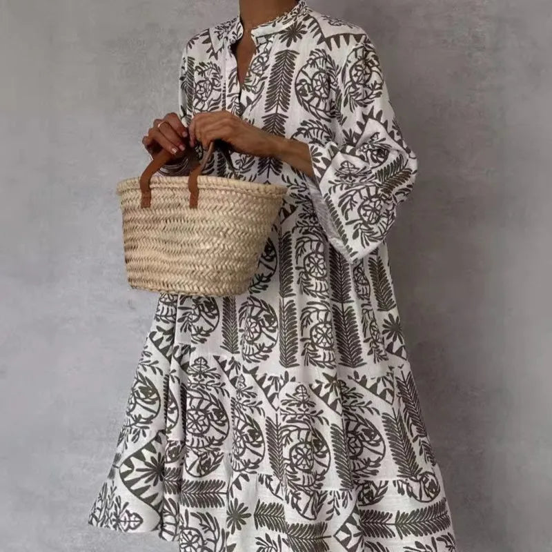 Adeline | Printed V-Neck A-Line Skirt Dress