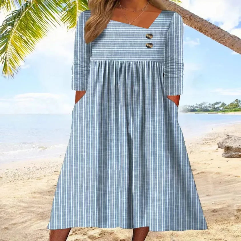 Katia | Striped Cotton Midi Dress with Relaxed Elegance