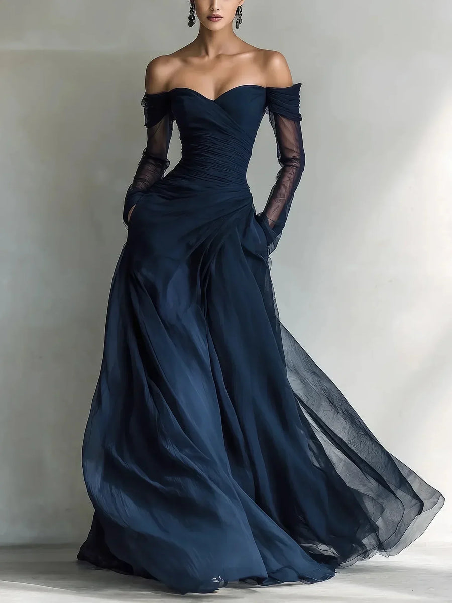 Eleonora • Long dress with off-the-shoulder design and mesh inserts
