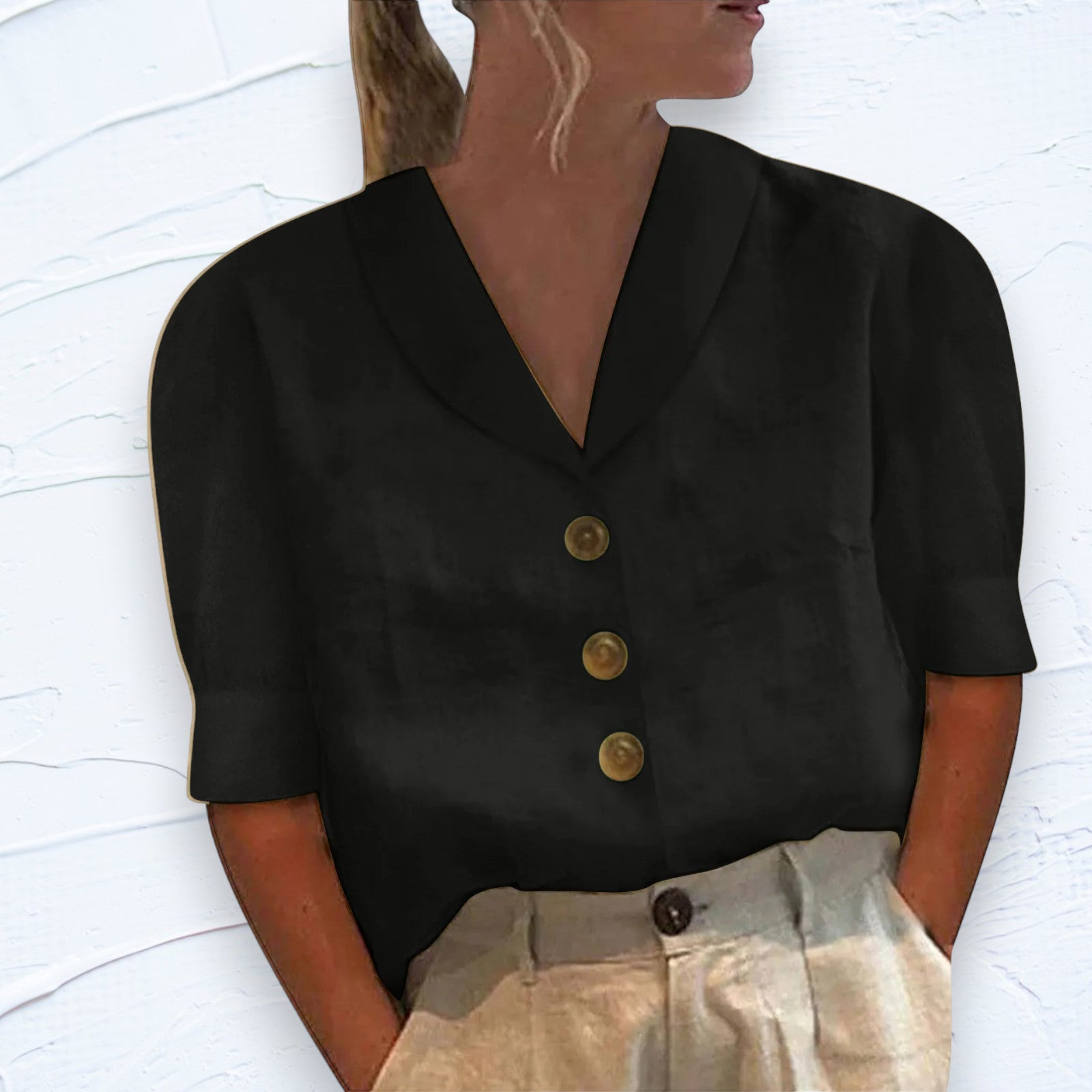 Retro-Chic Button-Up Blouse with Knotted Front