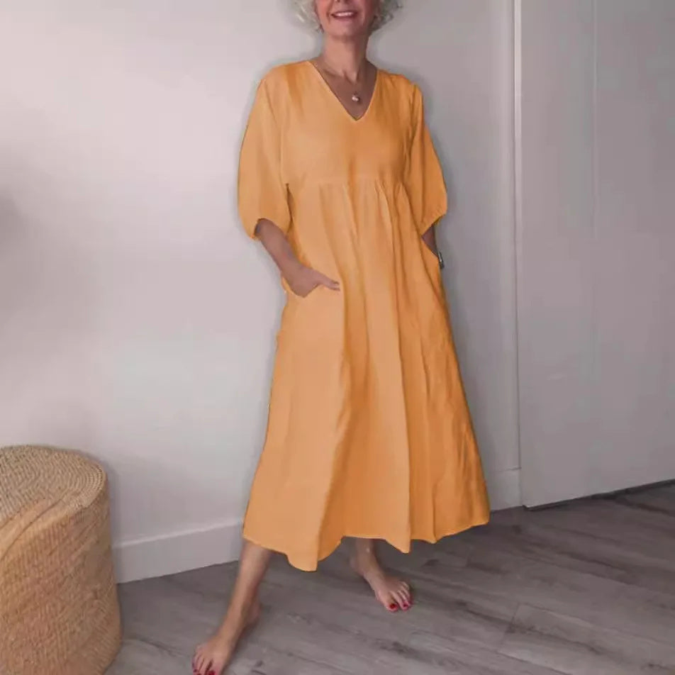 Eeva™ - Casual Midi Dress with V-Neck and Pockets