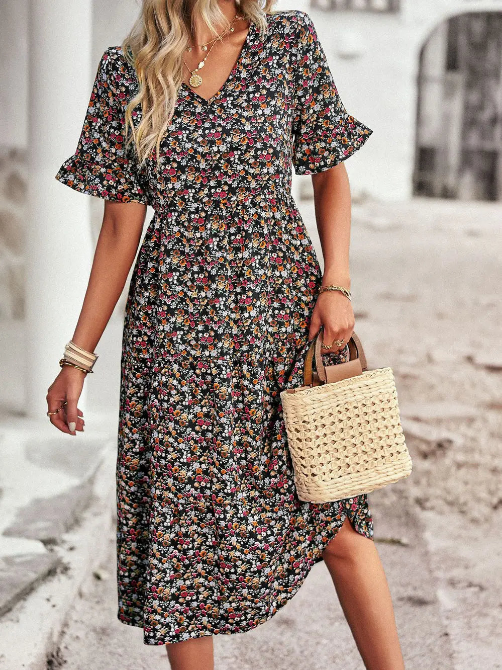 Layla™ - Elegant V Neck Printed Dress