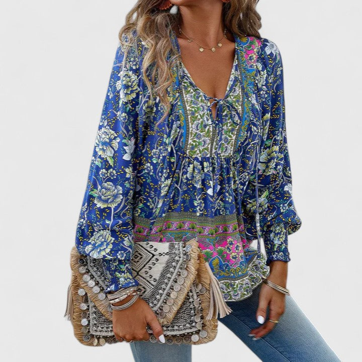 Tessa | Women's Boho Floral Long Sleeve Peasant Top