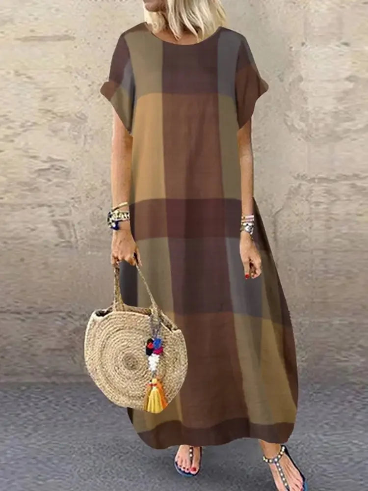 Noelle - Minimalist Block Pattern Flowing Maxi Dress